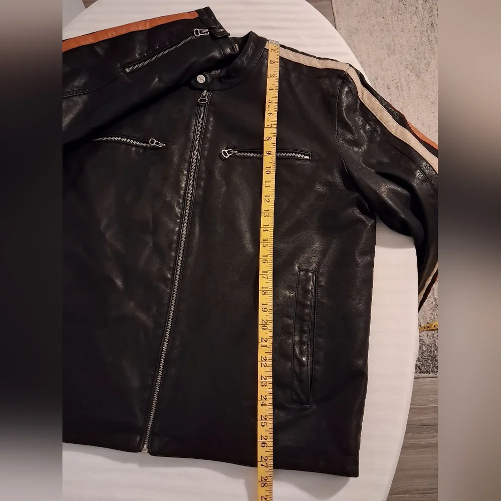 Men's Black Faux Leather Jacket with Striped Sleeves Size XL - Picture 15 of 16
